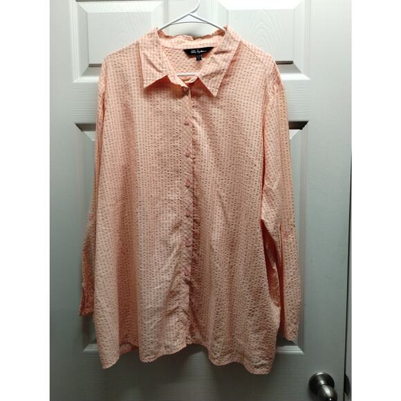 Ulla Popken Size 24/26 Button Up Long Sleeve Orange Pink Grid Seersucker Shirt - Picture 1 of 6